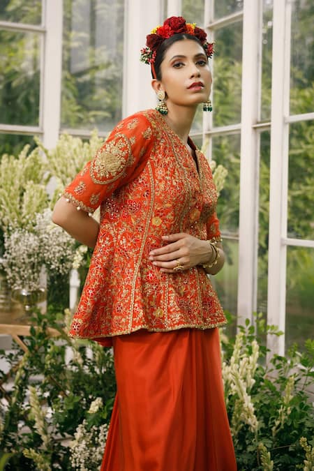 Adi By Aditya Khandelwl_Orange Silk, Irish Satin Dori, Floral, Embroidered Jacket And Draped Skirt Set _at_Aza_Fashions