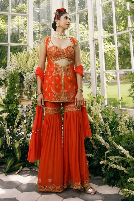 Shop Adi By Aditya Khandelwl Orange Silk, Georgette Dori, Floral, Sequin, Zari Embroidered And Sharara Set at Aza Fashions Shop_Adi By Aditya Khandelwl_Orange Silk, Georgette Dori, Floral, Sequin, Zari Embroidered And Sharara Set _at_Aza_Fashions