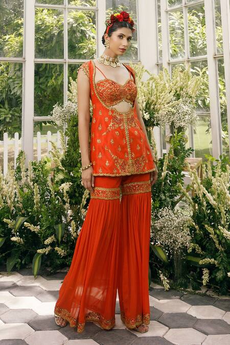 Adi By Aditya Khandelwl Orange Silk, Georgette Dori, Floral, Sequin, Zari Embroidered And Sharara Set Online at Aza Fashions Adi By Aditya Khandelwl_Orange Silk, Georgette Dori, Floral, Sequin, Zari Embroidered And Sharara Set _Online_at_Aza_Fashions