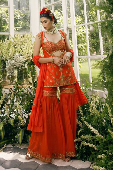 Buy Adi By Aditya Khandelwl Orange Silk, Georgette Dori, Floral, Sequin, Zari Embroidered And Sharara Set Online at Aza Fashions Buy_Adi By Aditya Khandelwl_Orange Silk, Georgette Dori, Floral, Sequin, Zari Embroidered And Sharara Set _Online_at_Aza_Fashions