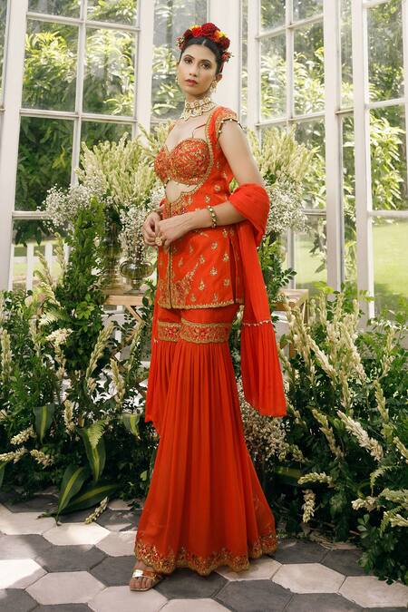 Shop Adi By Aditya Khandelwl Orange Silk, Georgette Dori, Floral, Sequin, Zari Embroidered And Sharara Set Online at Aza Fashions Shop_Adi By Aditya Khandelwl_Orange Silk, Georgette Dori, Floral, Sequin, Zari Embroidered And Sharara Set _Online_at_Aza_Fashions
