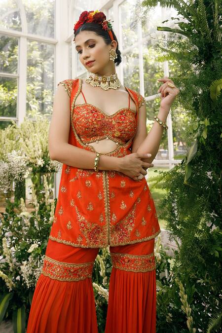 Adi By Aditya Khandelwl Orange Silk, Georgette Dori, Floral, Sequin, Zari Embroidered And Sharara Set at Aza Fashions Adi By Aditya Khandelwl_Orange Silk, Georgette Dori, Floral, Sequin, Zari Embroidered And Sharara Set _at_Aza_Fashions
