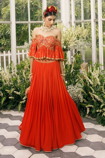 Shop_Adi By Aditya Khandelwl_Orange Silk, Georgette Dori, Floral, Pleated Skirt With Embroidered Blouse _at_Aza_Fashions