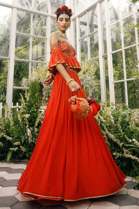 Adi By Aditya Khandelwl_Orange Silk, Georgette Dori, Floral, Pleated Skirt With Embroidered Blouse _Online_at_Aza_Fashions