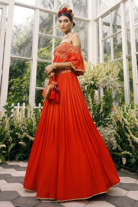 Buy_Adi By Aditya Khandelwl_Orange Silk, Georgette Dori, Floral, Pleated Skirt With Embroidered Blouse _Online_at_Aza_Fashions
