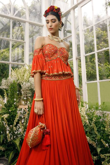 Shop_Adi By Aditya Khandelwl_Orange Silk, Georgette Dori, Floral, Pleated Skirt With Embroidered Blouse _Online_at_Aza_Fashions