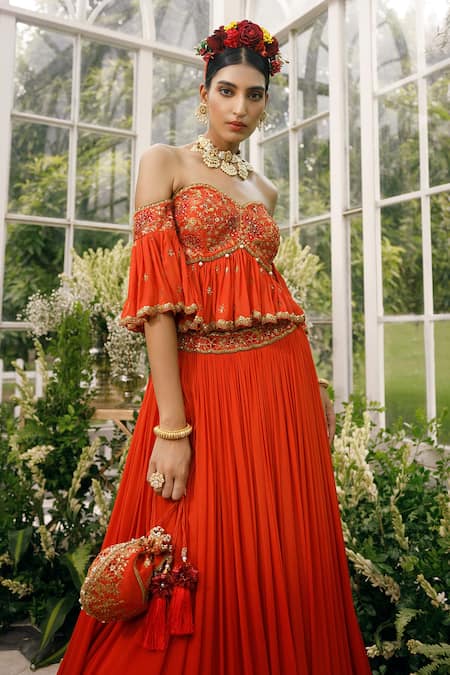 Adi By Aditya Khandelwl_Orange Silk, Georgette Dori, Floral, Pleated Skirt With Embroidered Blouse _at_Aza_Fashions