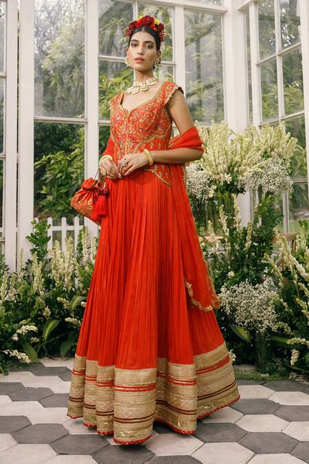Shop_Adi By Aditya Khandelwl_Orange Silk, Organza Dori, Floral, Sequin, Embroidered Anarkali With Dupatta _Online_at_Aza_Fashions