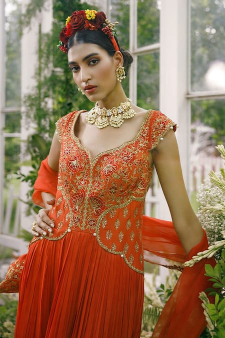 Adi By Aditya Khandelwl_Orange Silk, Organza Dori, Floral, Sequin, Embroidered Anarkali With Dupatta _at_Aza_Fashions