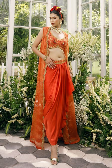 Adi By Aditya Khandelwl_Orange , Irish Satin, Tissue Dori, Embroidered And Draped Skirt Set _Online_at_Aza_Fashions