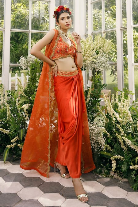 Buy_Adi By Aditya Khandelwl_Orange , Irish Satin, Tissue Dori, Embroidered And Draped Skirt Set _Online_at_Aza_Fashions