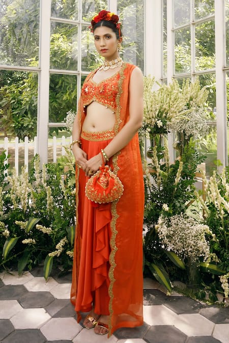 Shop_Adi By Aditya Khandelwl_Orange , Irish Satin, Tissue Dori, Embroidered And Draped Skirt Set _Online_at_Aza_Fashions