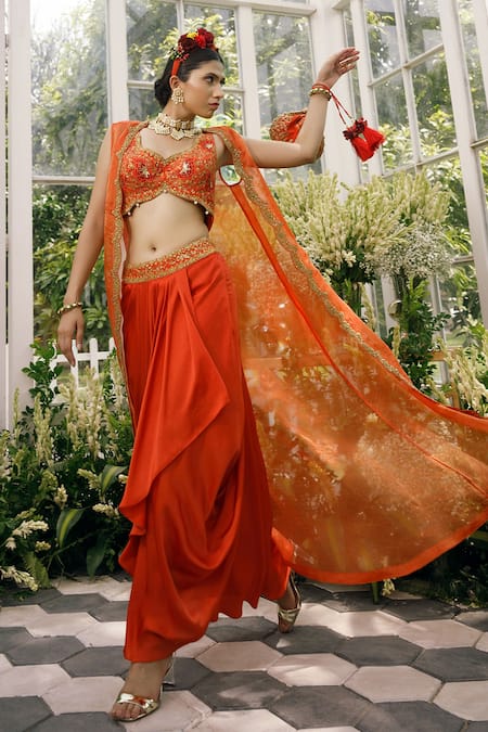 Adi By Aditya Khandelwl_Orange , Irish Satin, Tissue Dori, Embroidered And Draped Skirt Set _at_Aza_Fashions