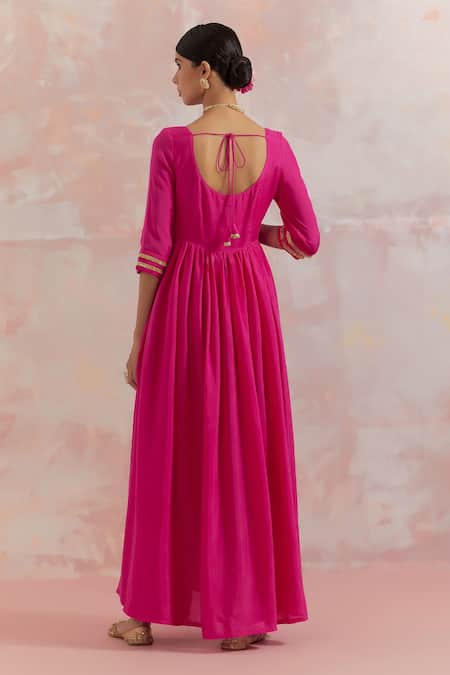 Shop_THE INDIAN CAUSE_Fuchsia Silk Gota Work U Neck Afreen Anarkali Set _at_Aza_Fashions