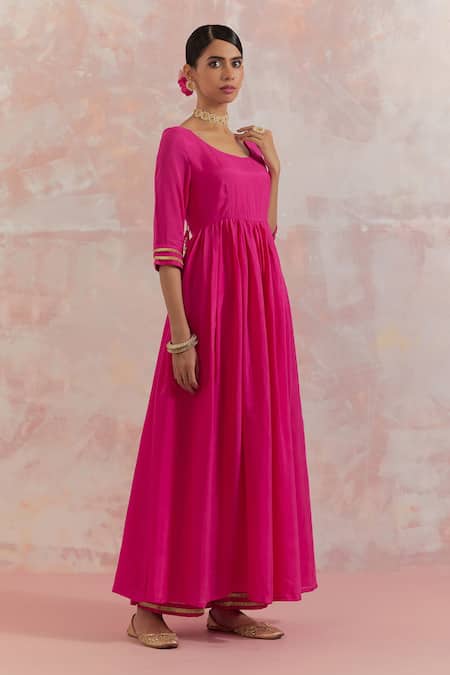 THE INDIAN CAUSE_Fuchsia Silk Gota Work U Neck Afreen Anarkali Set _Online_at_Aza_Fashions