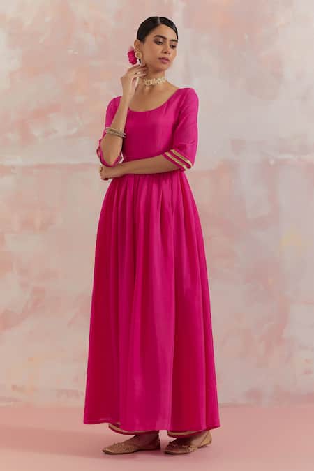 Buy_THE INDIAN CAUSE_Fuchsia Silk Gota Work U Neck Afreen Anarkali Set _Online_at_Aza_Fashions