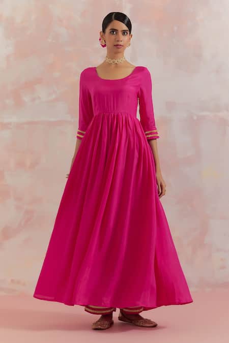 Shop_THE INDIAN CAUSE_Fuchsia Silk Gota Work U Neck Afreen Anarkali Set _Online_at_Aza_Fashions