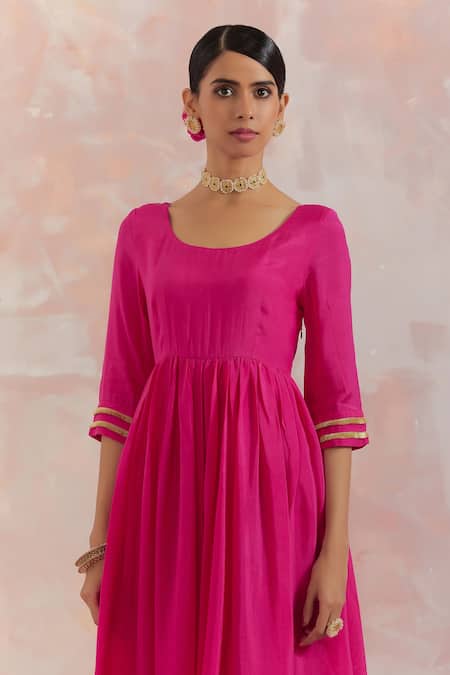 THE INDIAN CAUSE_Fuchsia Silk Gota Work U Neck Afreen Anarkali Set _at_Aza_Fashions