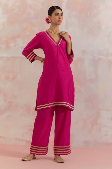 Buy_The Indian Cause_Fuchsia Raw Silk Gota Work V Neck Kali Embellished Kurta Set_Online_at_Aza_Fashions
