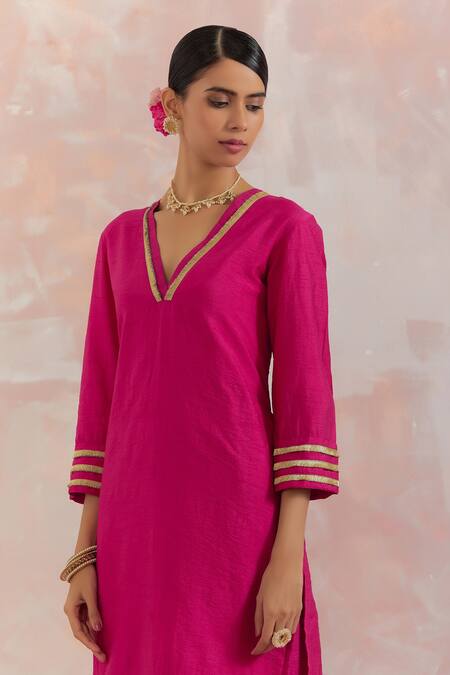 The Indian Cause_Fuchsia Raw Silk Gota Work V Neck Kali Embellished Kurta Set_at_Aza_Fashions