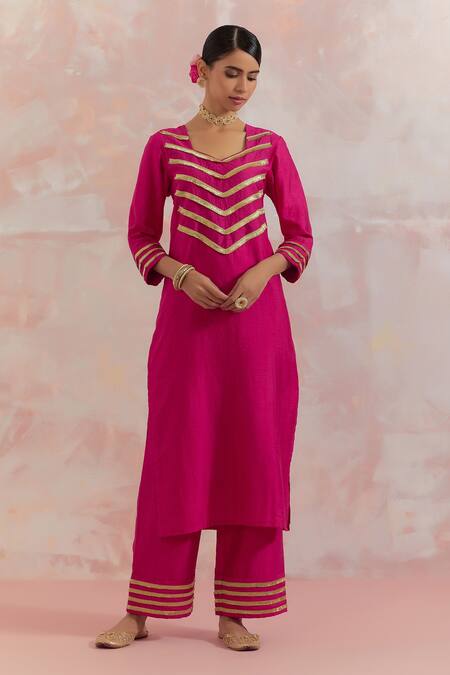 The Indian Cause_Fuchsia Raw Silk Gota Work Square V Neck Rooh Embellished Kurta Set_Online_at_Aza_Fashions