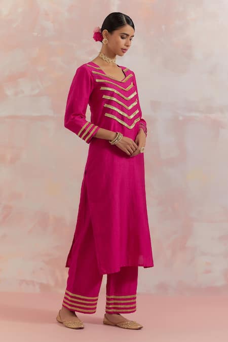 Shop_The Indian Cause_Fuchsia Raw Silk Gota Work Square V Neck Rooh Embellished Kurta Set_Online_at_Aza_Fashions