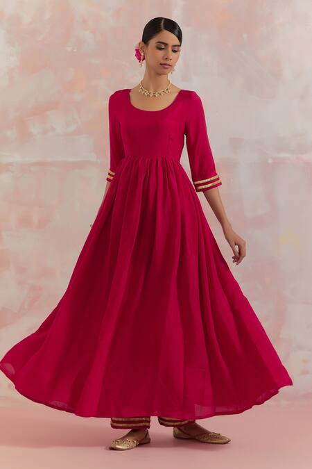 Shop The Indian Cause Red Silk Gota Work U Neck Afreen Gathered Anarkali Set Online at Aza Fashions Shop_The Indian Cause_Red Silk Gota Work U Neck Afreen Gathered Anarkali Set_Online_at_Aza_Fashions