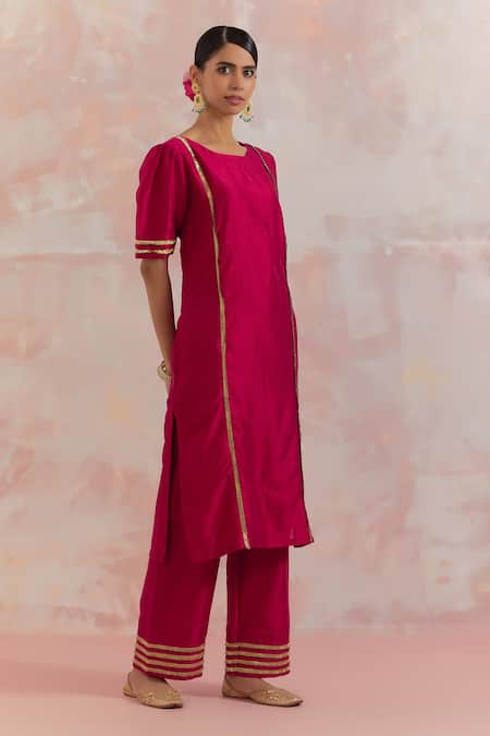 The Indian Cause_Red Raw Silk Gota Work Round Rukbat Kurta And Palazzo Set_Online_at_Aza_Fashions