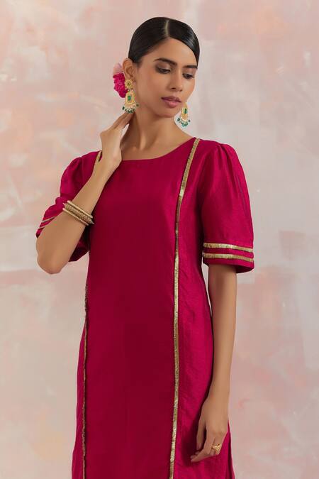 Shop_The Indian Cause_Red Raw Silk Gota Work Round Rukbat Kurta And Palazzo Set_Online_at_Aza_Fashions