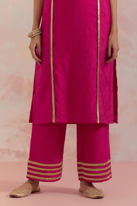 The Indian Cause_Red Raw Silk Gota Work Round Rukbat Kurta And Palazzo Set_at_Aza_Fashions