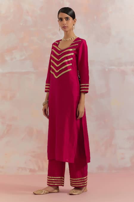The Indian Cause_Red Raw Silk Gota Work Square V Neck Rooh Kurta And Palazzo Set_Online_at_Aza_Fashions