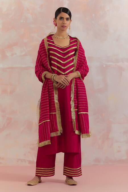 Shop_The Indian Cause_Red Raw Silk Gota Work Square V Neck Rooh Kurta And Palazzo Set_Online_at_Aza_Fashions