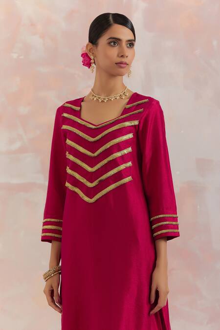 The Indian Cause_Red Raw Silk Gota Work Square V Neck Rooh Kurta And Palazzo Set_at_Aza_Fashions
