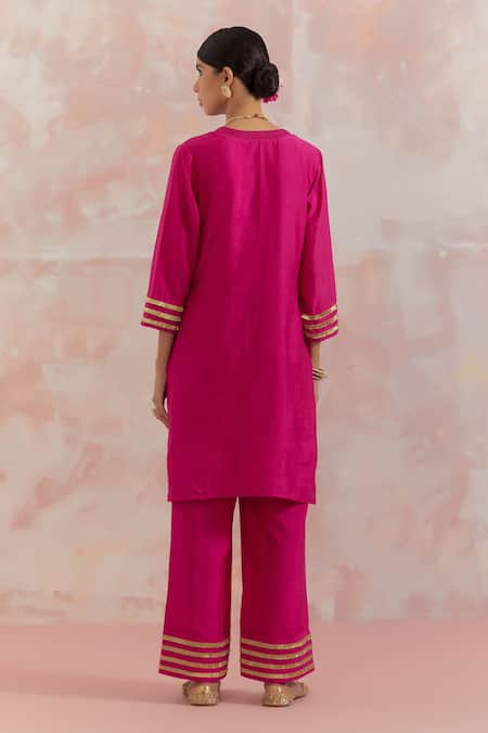 Shop_The Indian Cause_Fuchsia Raw Silk Gota Work V Neck Kali Embellished Kurta And Palazzo Set _at_Aza_Fashions