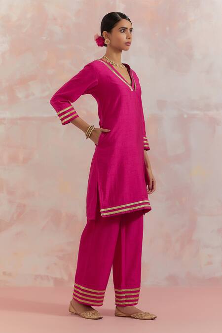 Buy_The Indian Cause_Fuchsia Raw Silk Gota Work V Neck Kali Embellished Kurta And Palazzo Set _Online_at_Aza_Fashions
