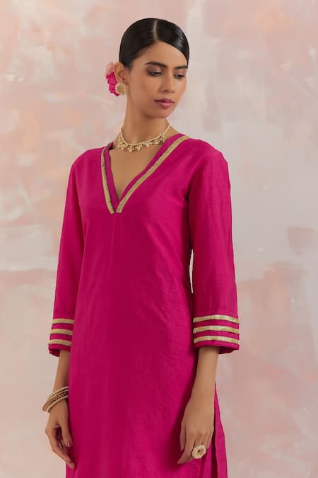 Shop_The Indian Cause_Fuchsia Raw Silk Gota Work V Neck Kali Embellished Kurta And Palazzo Set _Online_at_Aza_Fashions