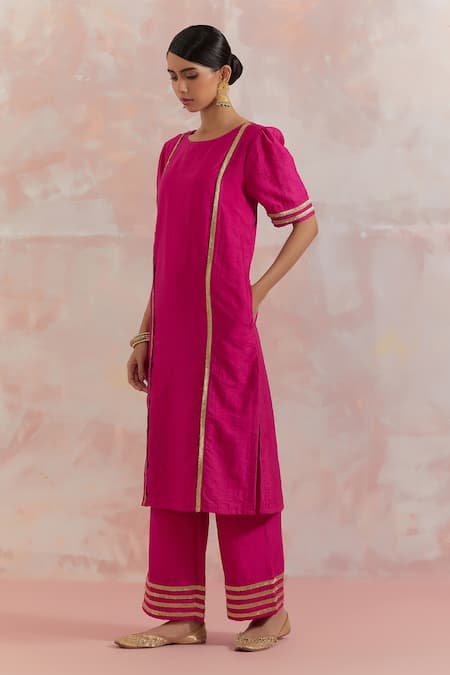 The Indian Cause_Fuchsia Raw Silk Gota Work Round Rukbat Embellished Kurta And Palazzo Set_Online_at_Aza_Fashions