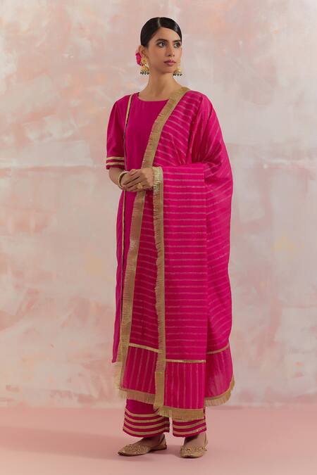 Buy_The Indian Cause_Fuchsia Raw Silk Gota Work Round Rukbat Embellished Kurta And Palazzo Set_Online_at_Aza_Fashions