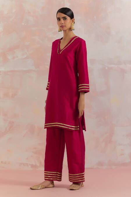 The Indian Cause_Red Raw Silk Gota Work V Neck Kali Kurta And Palazzo Set_Online_at_Aza_Fashions