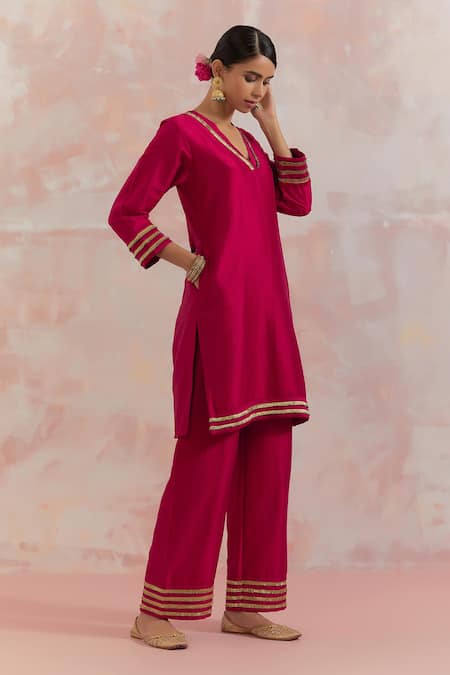 Buy_The Indian Cause_Red Raw Silk Gota Work V Neck Kali Kurta And Palazzo Set_Online_at_Aza_Fashions