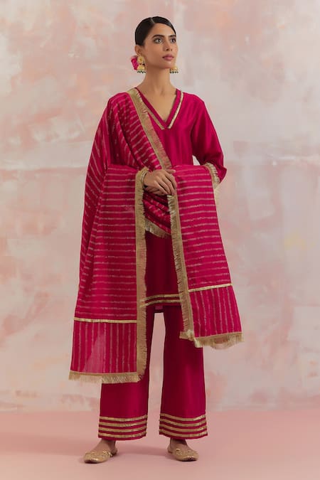 Shop_The Indian Cause_Red Raw Silk Gota Work V Neck Kali Kurta And Palazzo Set_Online_at_Aza_Fashions