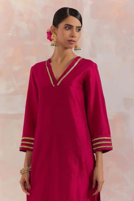 The Indian Cause_Red Raw Silk Gota Work V Neck Kali Kurta And Palazzo Set_at_Aza_Fashions