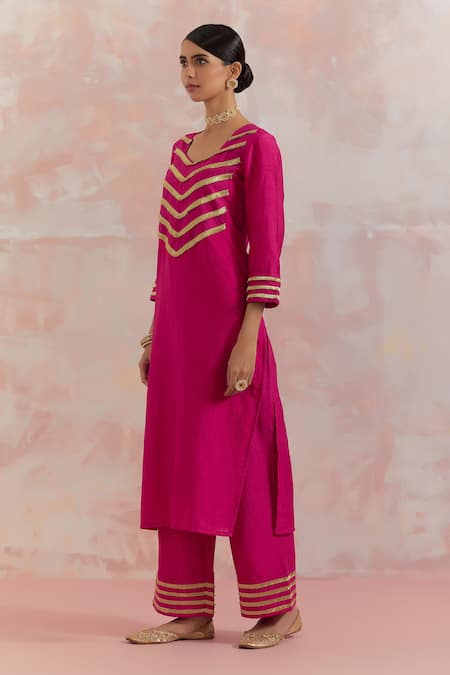 The Indian Cause_Fuchsia Raw Silk Gota Work Square V Neck Rooh Embellished Kurta And Palazzo Set_Online_at_Aza_Fashions