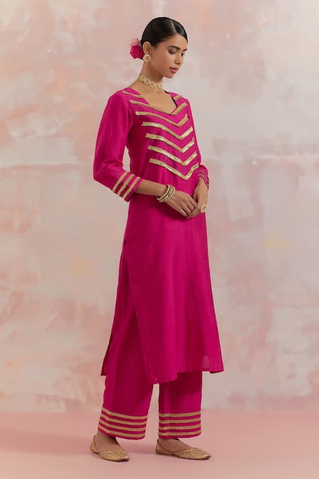 Buy_The Indian Cause_Fuchsia Raw Silk Gota Work Square V Neck Rooh Embellished Kurta And Palazzo Set_Online_at_Aza_Fashions