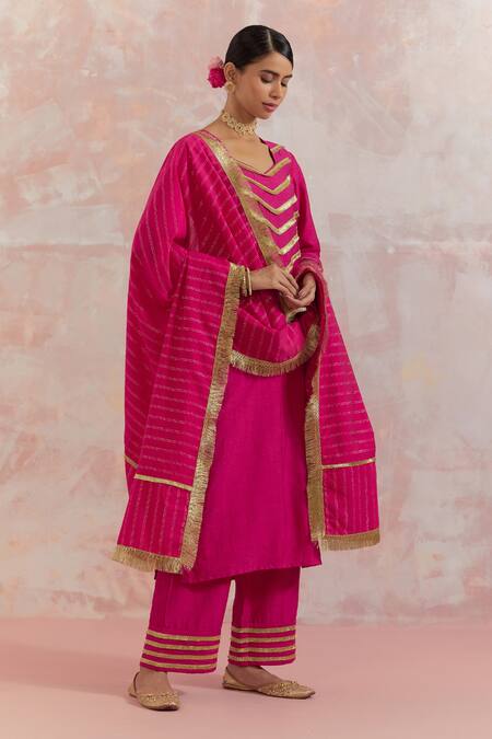 Shop_The Indian Cause_Fuchsia Raw Silk Gota Work Square V Neck Rooh Embellished Kurta And Palazzo Set_Online_at_Aza_Fashions