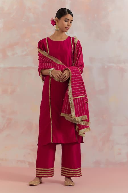 The Indian Cause_Red Raw Silk Gota Work Round Rukbat Kurta _Online_at_Aza_Fashions