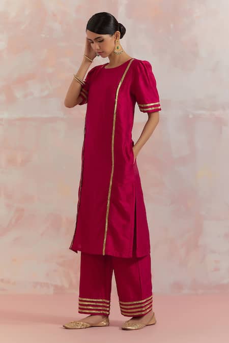 Buy_The Indian Cause_Red Raw Silk Gota Work Round Rukbat Kurta _Online_at_Aza_Fashions
