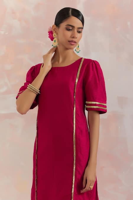 The Indian Cause_Red Raw Silk Gota Work Round Rukbat Kurta _at_Aza_Fashions