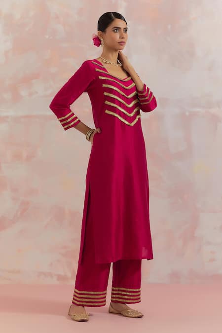 The Indian Cause_Red Raw Silk Gota Work Square V Neck Rooh Kurta_Online_at_Aza_Fashions
