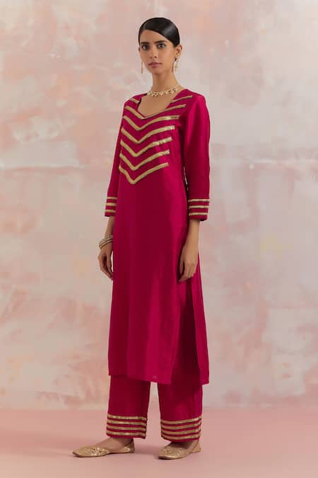 Buy_The Indian Cause_Red Raw Silk Gota Work Square V Neck Rooh Kurta_Online_at_Aza_Fashions